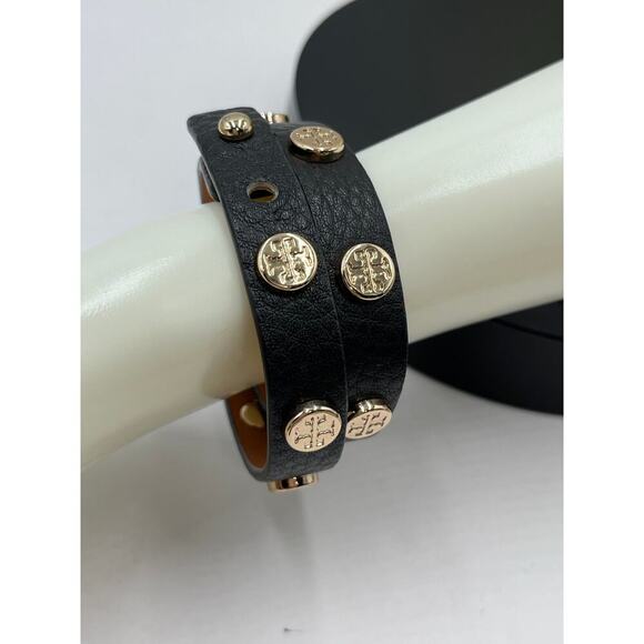 Tory Burch Designer Double Wrap Black Leather Gold Logo T Snap Bracelet - Picture 4 of 8